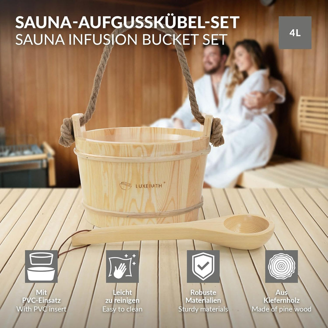 LuxeBath Saunazubehör-Set aus massivem Kiefernholz, Sauna Set 2-tlg, Aufgusskübel mit Kunststoffeins