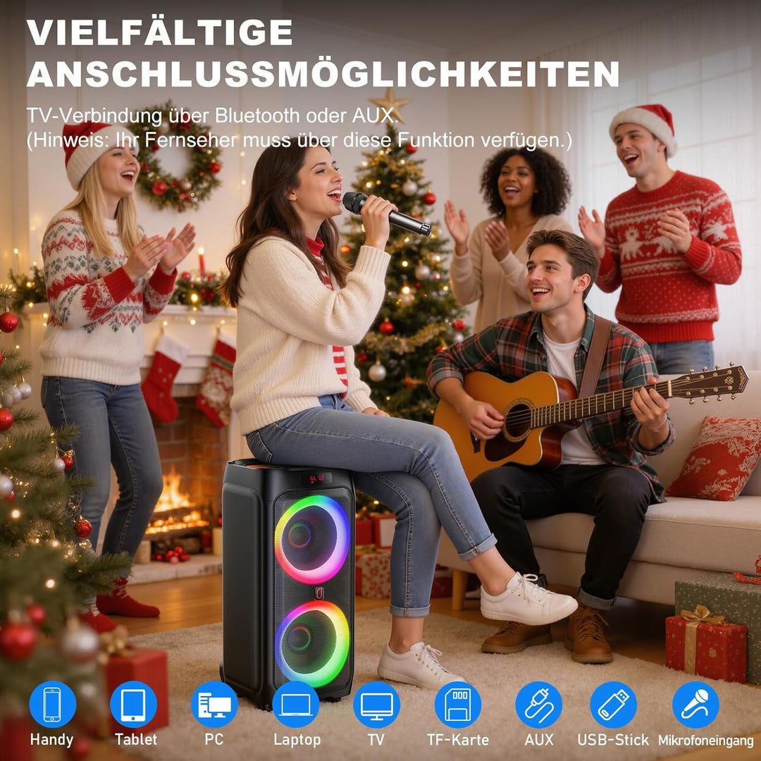 Karaoke Maschine mit 2 Mikrofones, grosser Tragbaren Bluetooth Lautsprecher mit RGB-Licht, Karaoke A