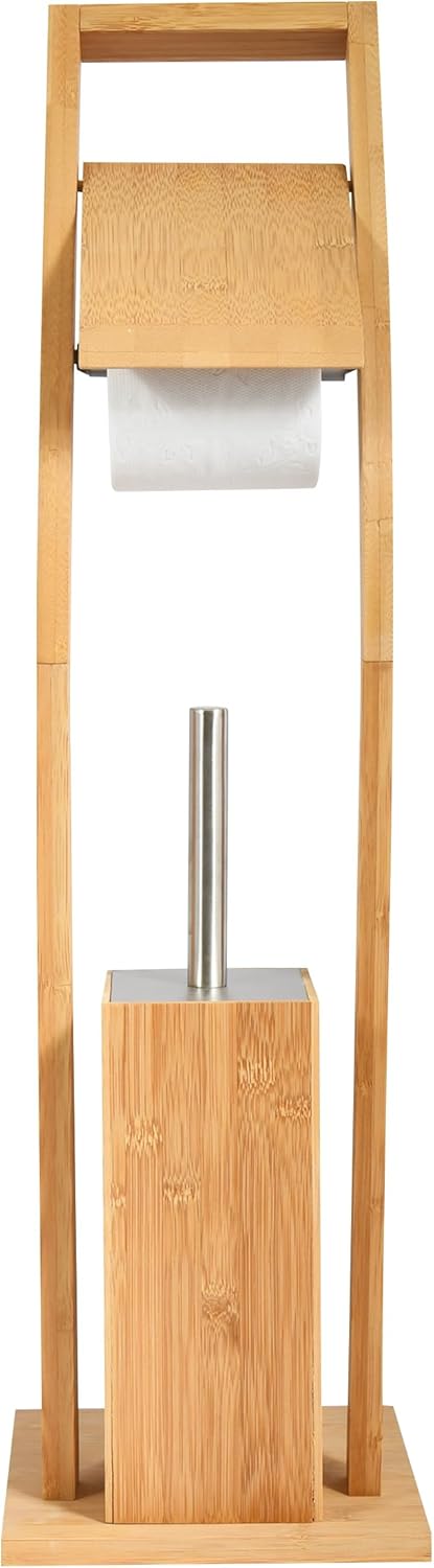 MSV WC Garnitur aus Bambus Toilettenpapierhalter aus Holz mit separatem Kunststoffbehälter Standgarn
