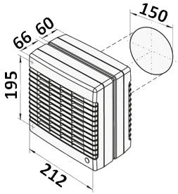 Abluftventilator 150mm für Fenstermontage, mit Hygrostat, Nachlauf-Timer und elektrischem Innenversc