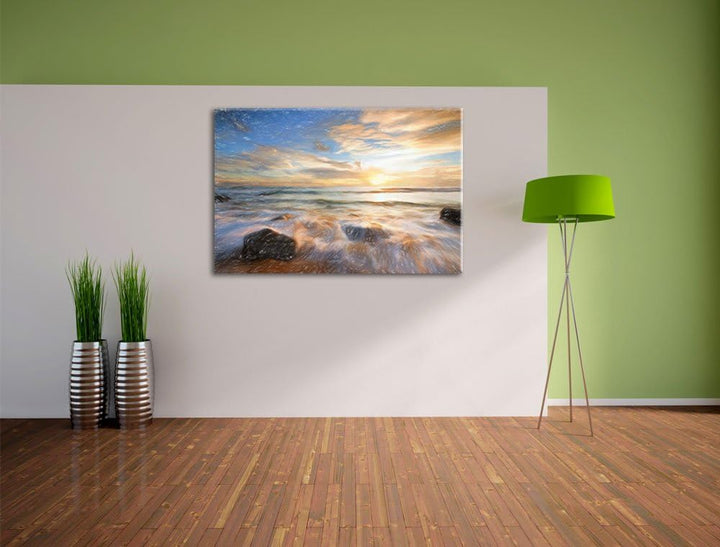 Pixxprint Sonnenuntergang am Meer als Leinwandbild/Grösse: 100x70 cm/Wandbild/Kunstdruck/fertig besp