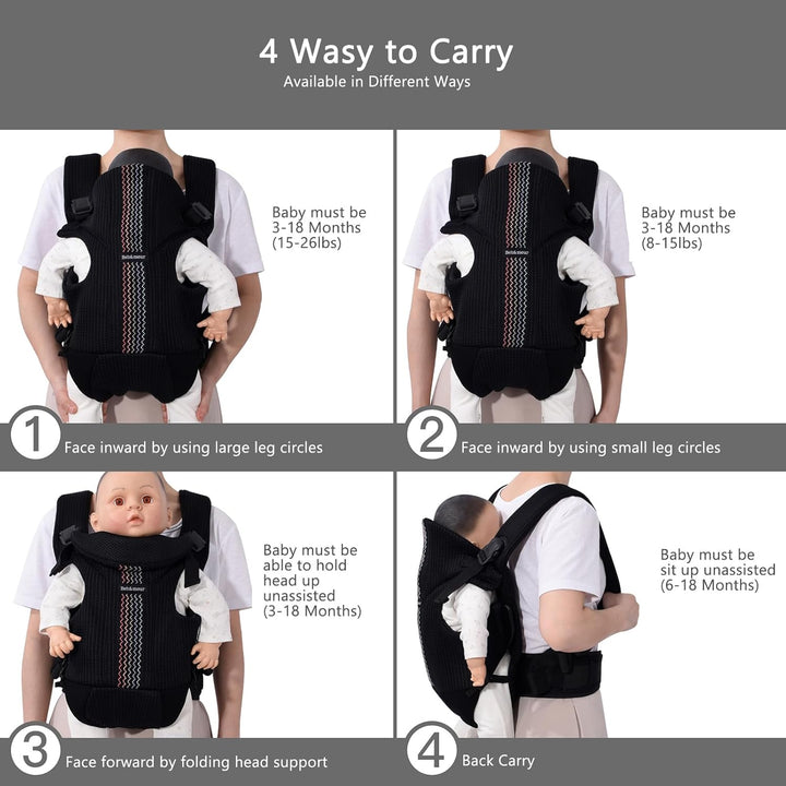 Bebamour Babytrage Vorder und Rückentrage mit 2 Schulterlätzchen,Black Pro, Black Pro