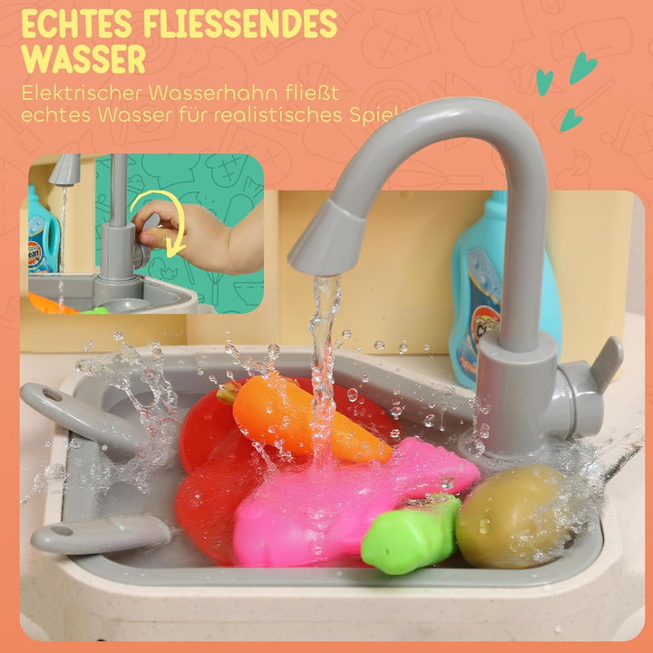 AIYAPLAY Kinderküche Spielküche mit fliessendem Wasser, elektrischem Wasserhahn, Lichtern und Geräus