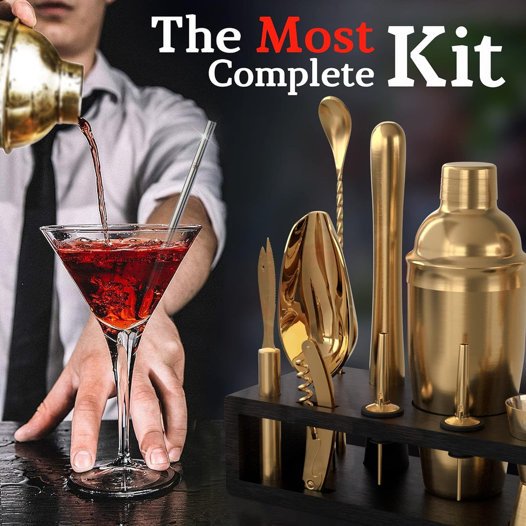 Highball & Chaser Barkeeper-Set mit Espresso-Bambusständer. Schönes Cobbler-Cocktail-Shaker-Set mit