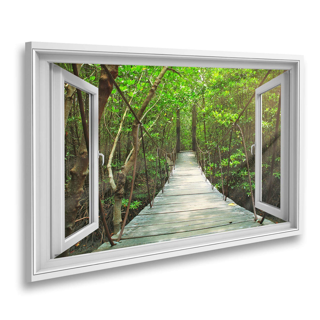 Bild auf Leinwand Fensterblick Hängebrücke im Wald Sagenhafter Effekt Wandbild Leinwandbild XCRR