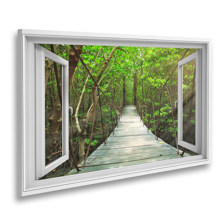 Bild auf Leinwand Fensterblick Hängebrücke im Wald Sagenhafter Effekt Wandbild Leinwandbild XCRR