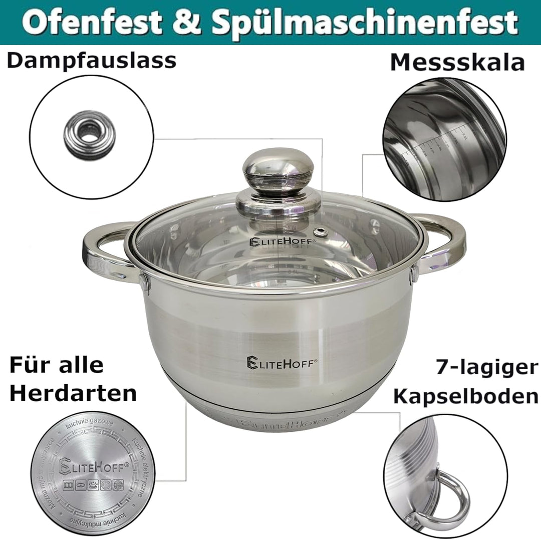 EliteHoff Kochtopf, 7-Lagen Edelstahl Topf Induktion Kochtöpfe Nudeltopf Suppentopf mit Glasdeckel f