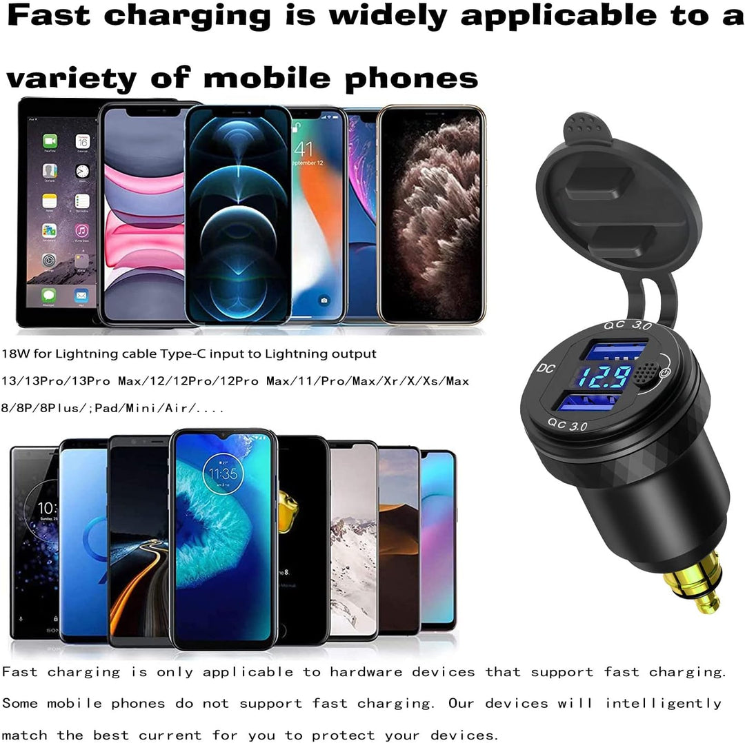 DIN Powerlet Stecker auf Dual Quick Charge 3.0 USB Ladeadapter mit Voltmeter und Schalter für Motorr