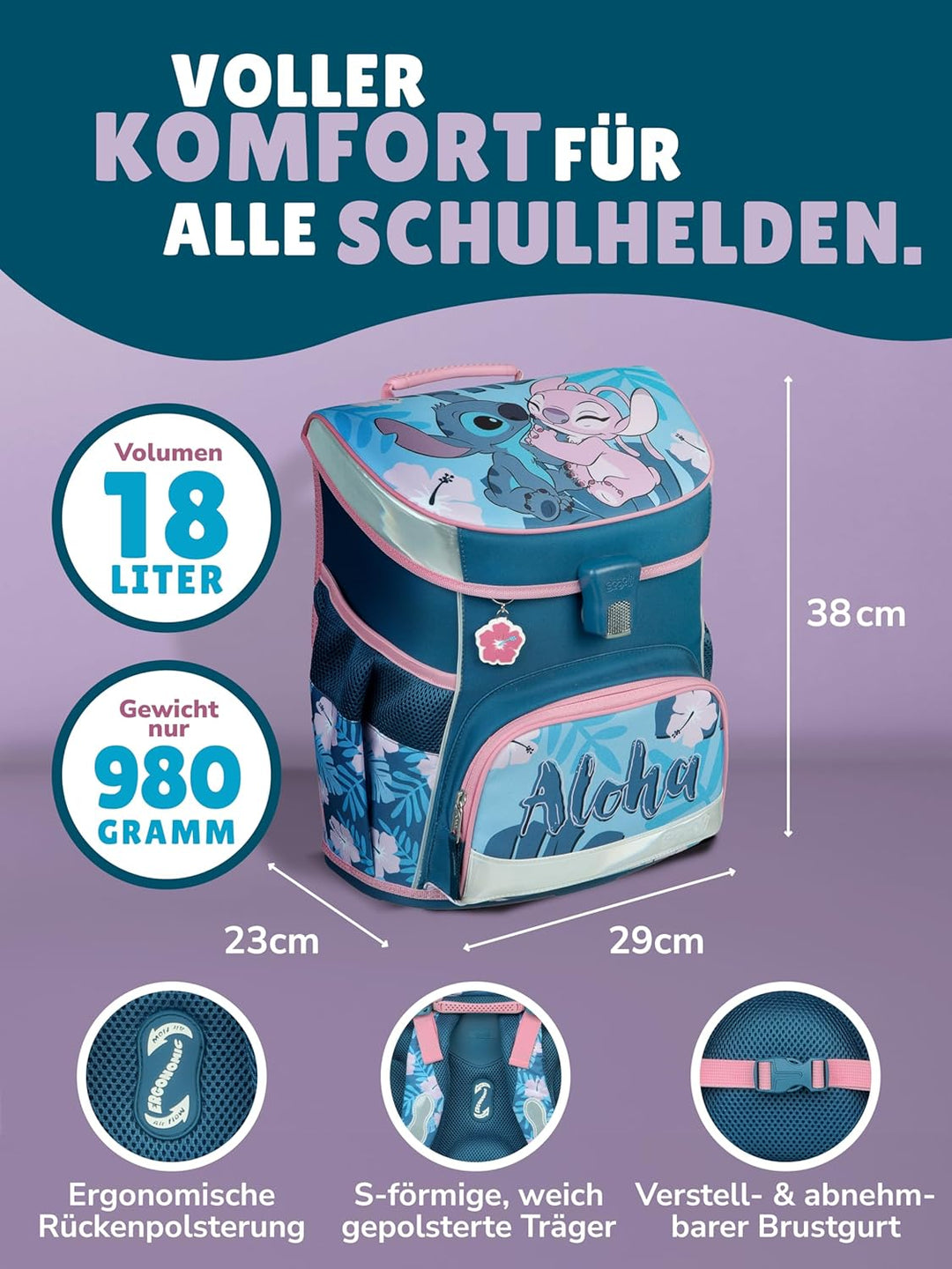 Familando - Scooli Campus Fit Schulranzen Set - 10-teilig mit Schultüte - Disney Stitch - Ergonomisc