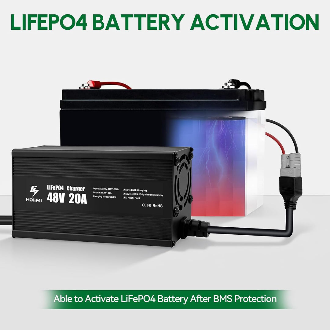 48V 20A LiFePO4-Ladegerät, 58,4V Lithium-Eisen-Phosphat-Ladegerät, Aluminiumgehäuse mit 50A Anderson
