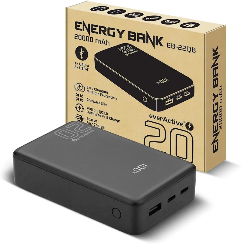 everActive Powerbank 20000mAh 20W USB C PD PPS QC4+ – Energy Bank EB-22QB – Externer Akku mit LCD Di