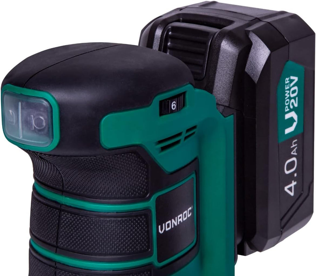 VONROC Exzenterschleifer - VPower 20V - Inkl. 4.0Ah Akku und Ladegerät - Ø125mm - Mit Staubbeutel &