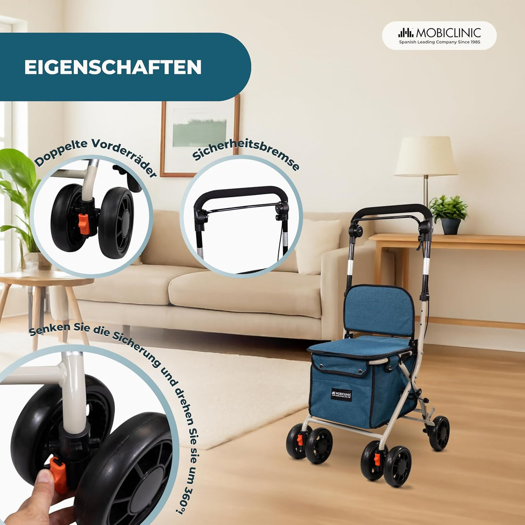 Mobiclinic®, Einkaufswagen mit Sitz, Faltbarer Rollator für Erwachsene, 21 L, Rückenlehne, 4 Räder,
