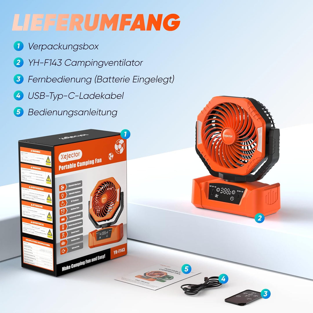 Camping Ventilator mit 24000mAh Akku Wiederaufladbar, HD Digitalanzeige |USB| LED-Licht| Timer, 6 Ge