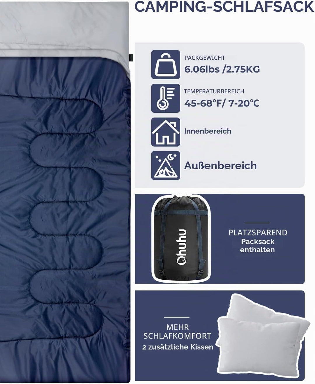 Schlafsack Outdoor Sommer: Ohuhu Doppelschlafsack mit 2 Kissen und Tragetasche, Wasserdicht Leicht 2