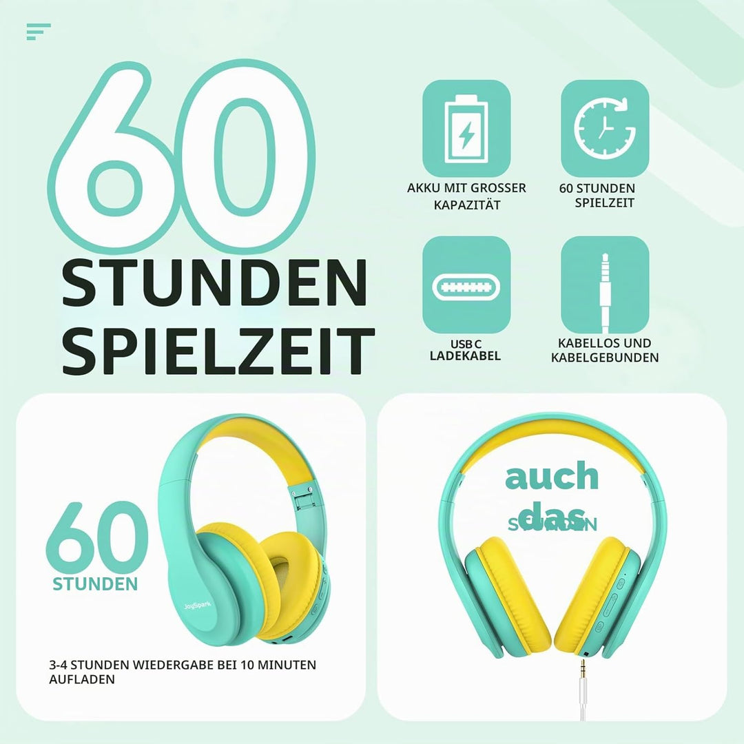Bluetooth Kinder Kopfhörer, Kinderkopfhörer Over-Ear mit 85/94dB Lautstärkebegrenzung, 60 Stunden Sp