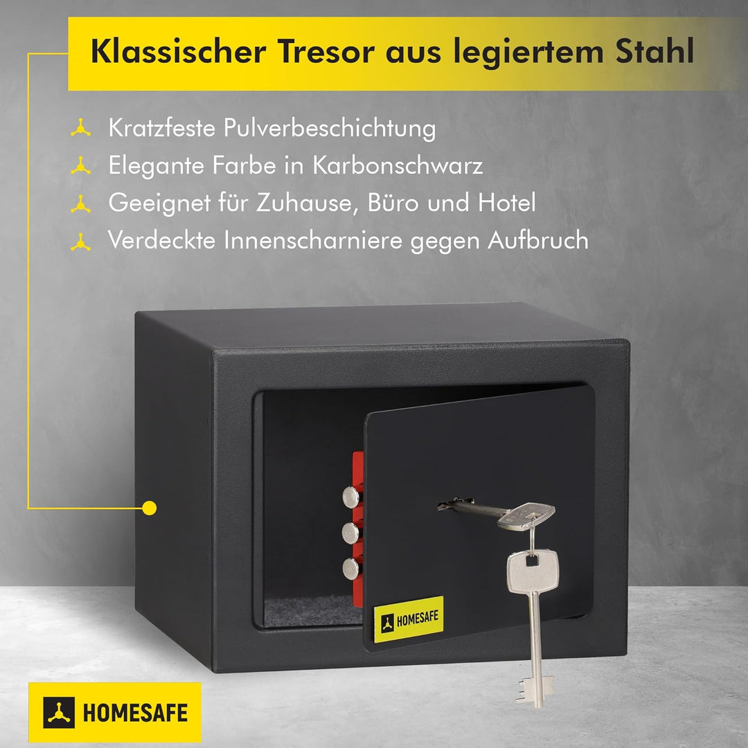 Homesafe HV15K Tresor Safe mit Schlüssel-Schloss, 15x20x17cm (HxWxD ), Carbon Satin Schwarz, 15x20x1