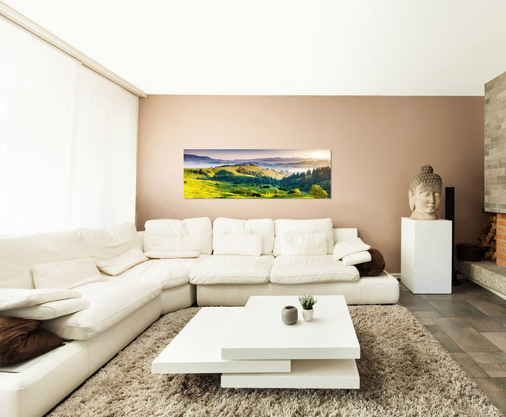 Paul Sinus Art Panoramabild auf Leinwand und Keilrahmen 150x50cm Ukraine Wiesen Hügel Wald Morgenlic