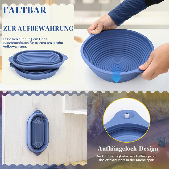 Brot Gärkorb Set: 29cm Gärkörbchen Oval + 23cm Gärkörbchen Rund + Ölpinsel, Faltbarer,mit Aufhängelo