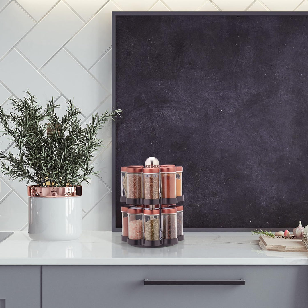 Relaxdays Gewürzkarussell, 16 Gewürzgläser mit Streueinsatz, 360° drehbar, Edelstahl &amp; Glas, HxD: 26