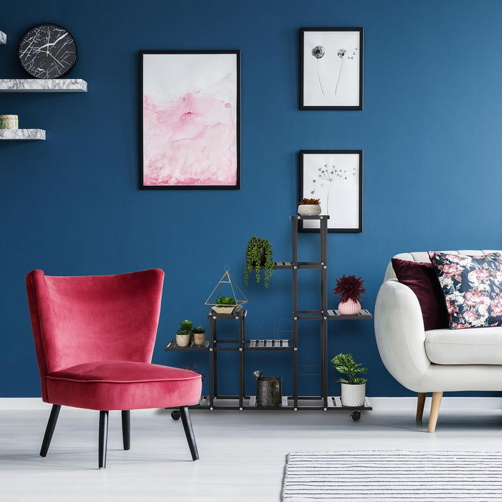 Relaxdays Blumenständer mit Rollen, H x B x T: 91,5 x 93 x 26 cm, Metall, 9 Ablagen, Pflanzenständer