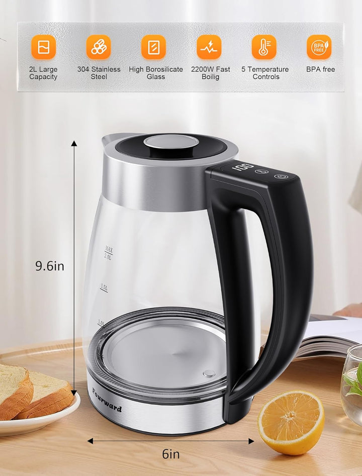 Fourward Wasserkocher – 2.0L 2200Wall Glas Kettle mit Temperaturwahl, BPA frei, Digitale Temperatura