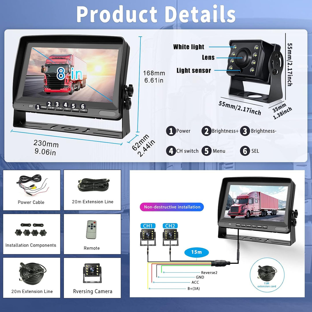 CAMECHO RV Rückfahrkamera Kit mit 8-Zoll-LCD-Monitor+ AHD 1080P Rückfahrkamera*2 mit Nachtsicht IP69