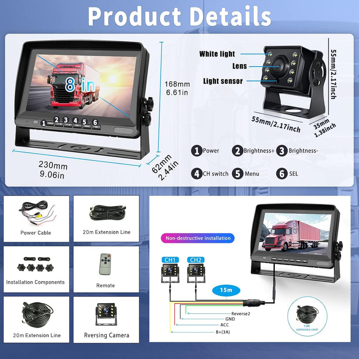 CAMECHO RV Rückfahrkamera Kit mit 8-Zoll-LCD-Monitor+ AHD 1080P Rückfahrkamera*2 mit Nachtsicht IP69