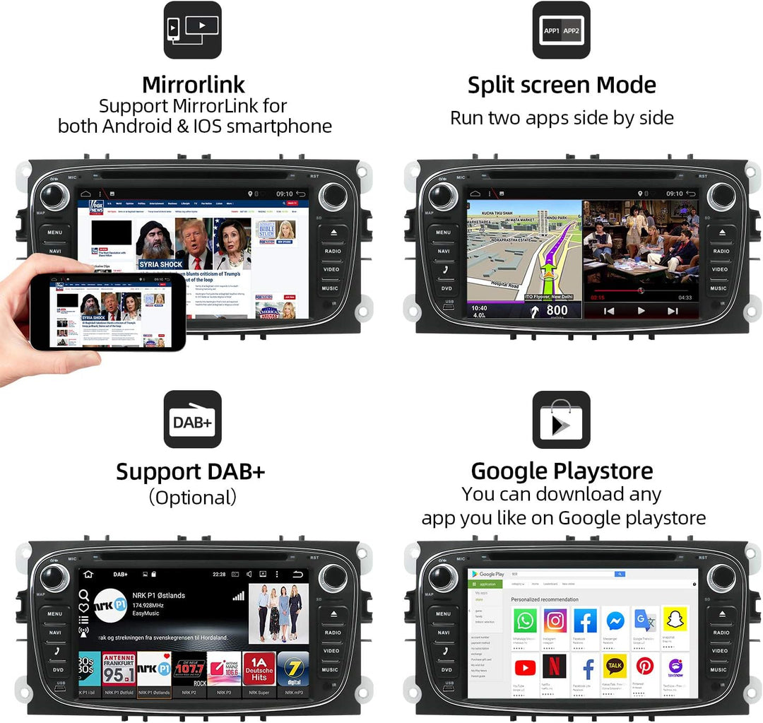 SXAUTO Autoradio Android 10 Passt für Ford Mondeo/Focus/Fusion/Transit/Fiesta/Galaxy - Kamera Canbus