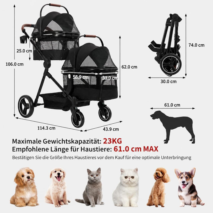 Hundewagen 3-In-1 Faltbar 22 kg Doppelstock Tiertransport | Abnehmbare Boxen, Schwenkräder, Sicherhe