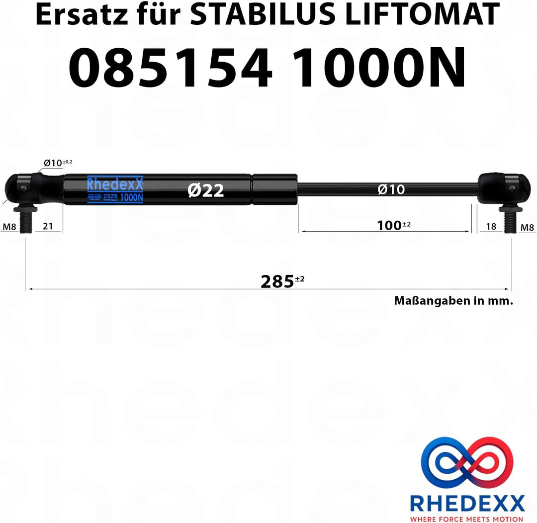 Gasdruckfeder RhedexX® Ersatz für Stabilus Lift-O-Mat 085154 1000N Gasdruckdämpfer mit M8 Winkelgele