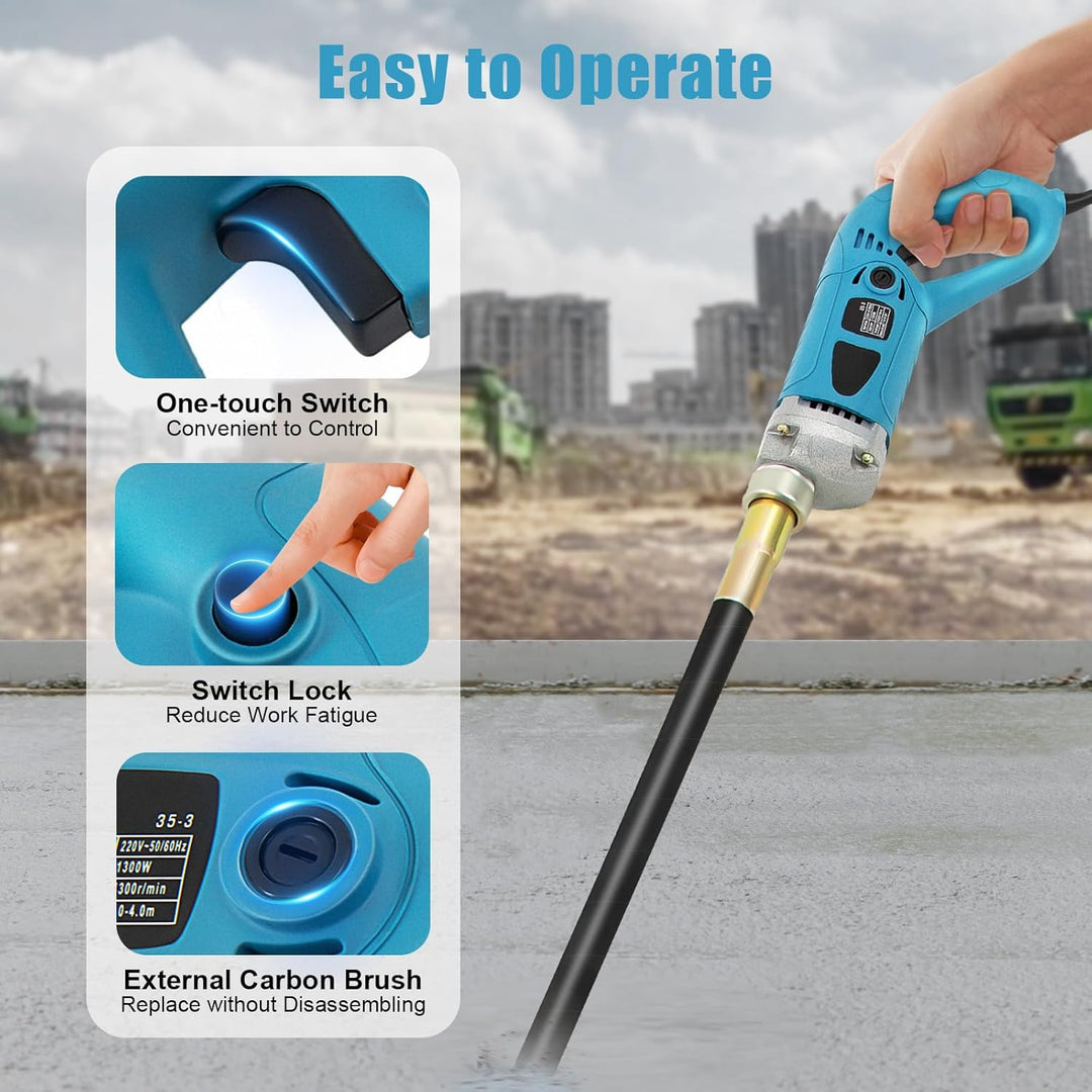 Betonrüttler, 1300W 220V Rüttelflasche mit 1,5m Vibrationsstab (Ø35mm), 4300rpm Beton Rüttelplatte,