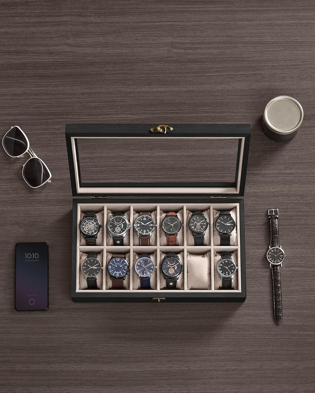 SONGMICS Uhrenbox mit 12 Fächern, Uhrenkasten aus Massivholz, mit Glasdeckel, Uhrenkissen, Geschenk
