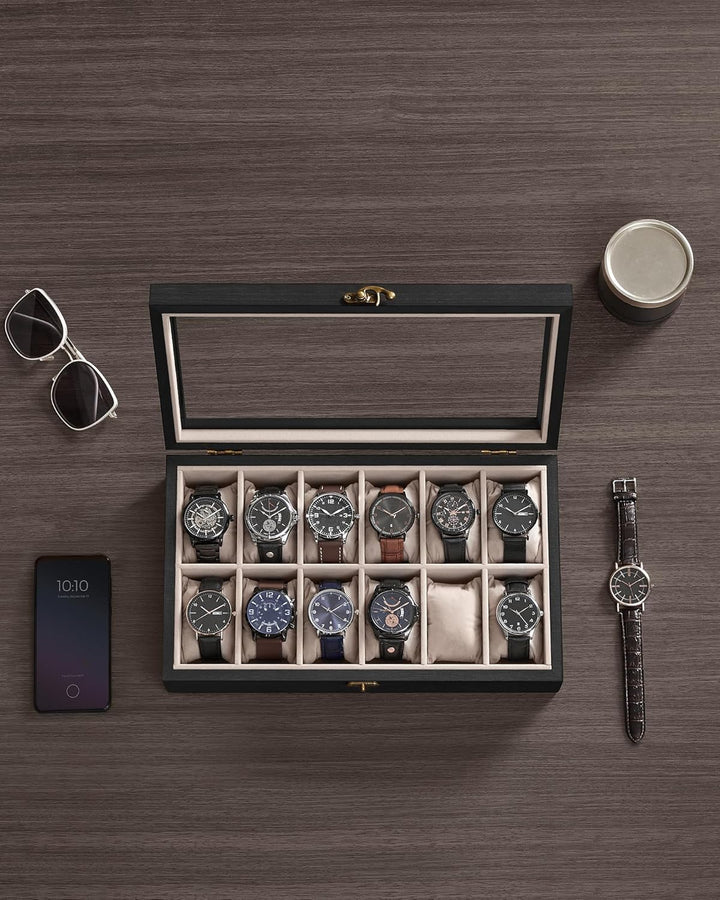 SONGMICS Uhrenbox mit 12 Fächern, Uhrenkasten aus Massivholz, mit Glasdeckel, Uhrenkissen, Geschenk