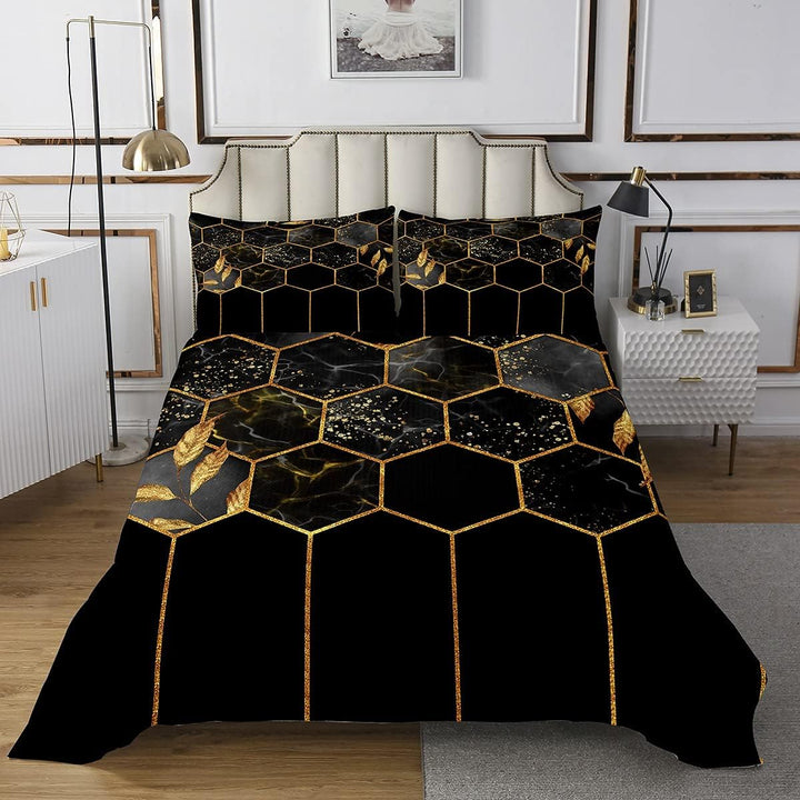 Marmor Tagesdecke Set 220x240, Schwarz Grau Geometrisches Gold Plaid Bettwäsche Set, Modernes Luxus