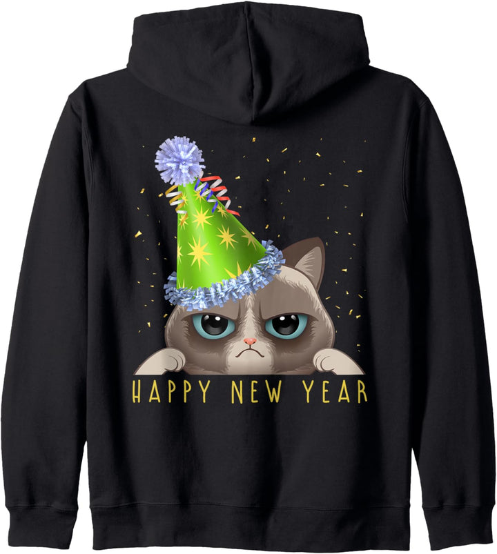 Frohes Neues Jahr 2023 Lustige Silvester Katze mit Party Hut Kapuzenjacke