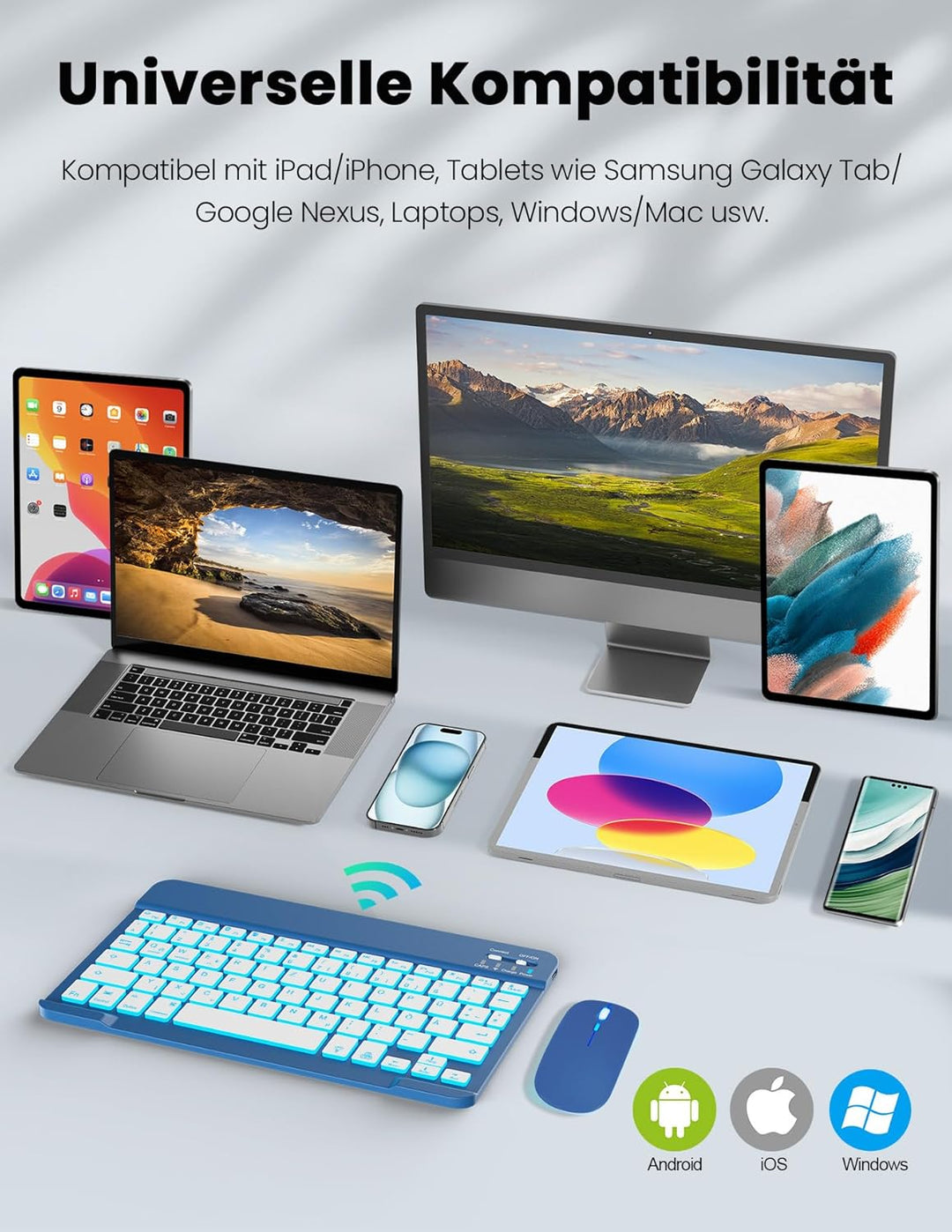 LAMA Kabellose Bluetooth Tastatur & Maus, wiederaufladbare Universal Tablet Tastatur, kompatible mit