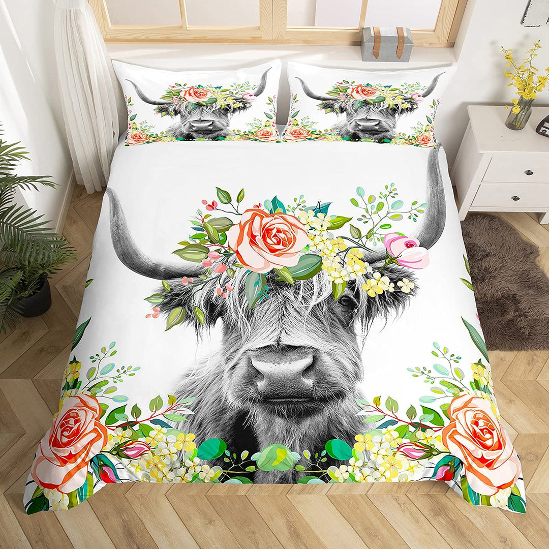 Homemissing Highland Kuh Bettwäsche Set für Mädchen Jungen Kinder Bull Rinder Blumen Bettwäsche 135x