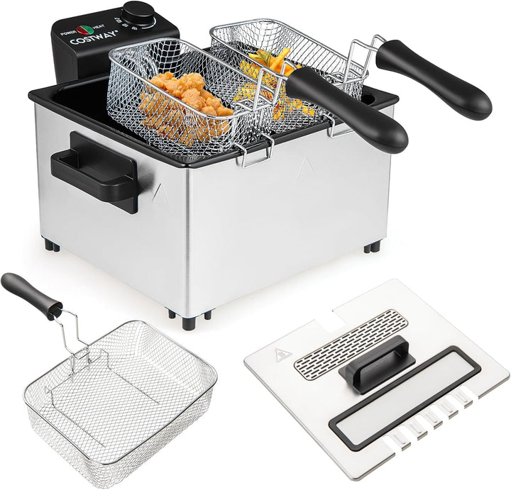 COSTWAY 2000W Elektrische Öl-Fritteuse, 5L Fritteuse Edelstahl mit 3 Frittierkörben, einstellbare Te