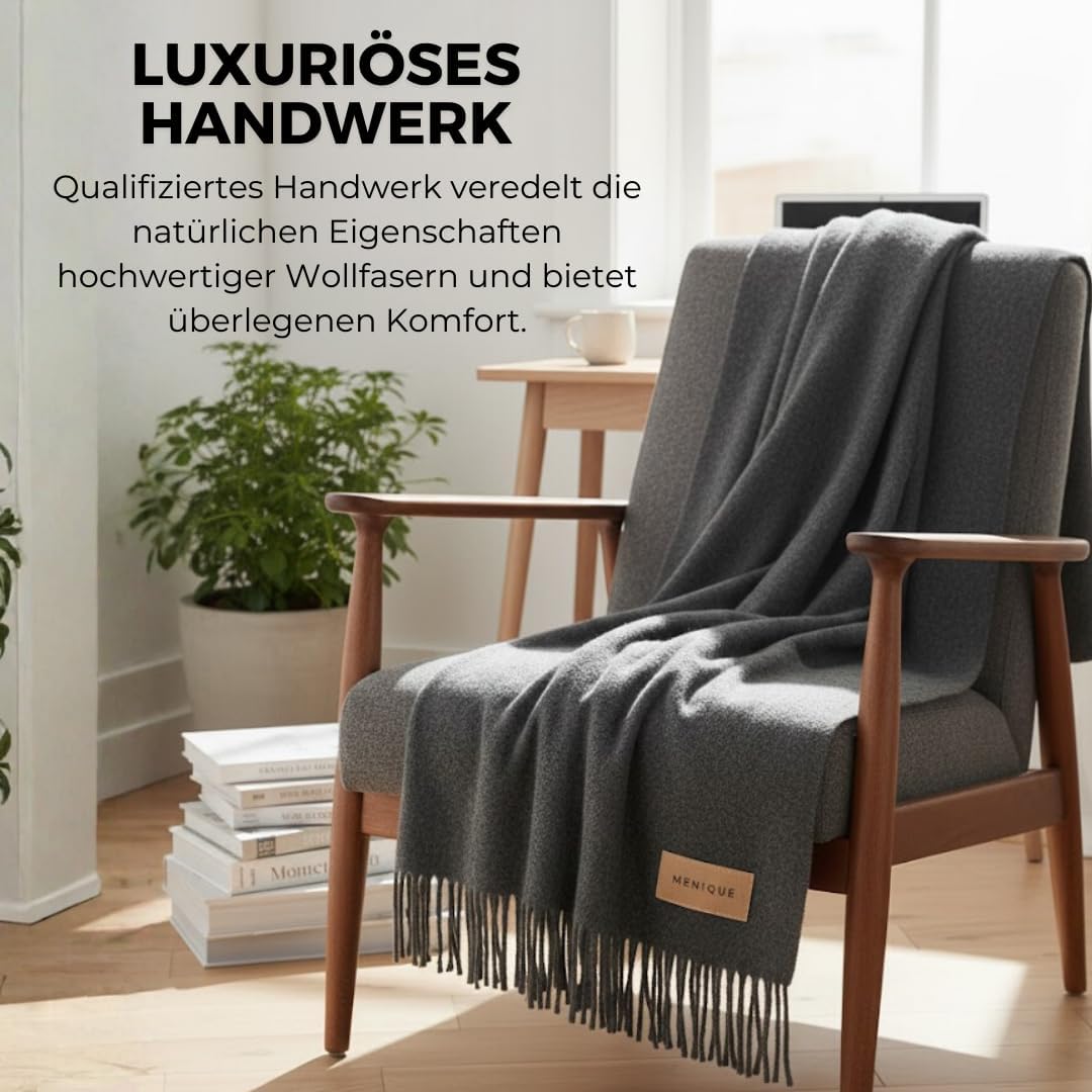menique Milan 100% Wolldecke, Dicke Weiche Kuscheldecke Fransen Dunkelgrau | Warme Sofa- und Couchde