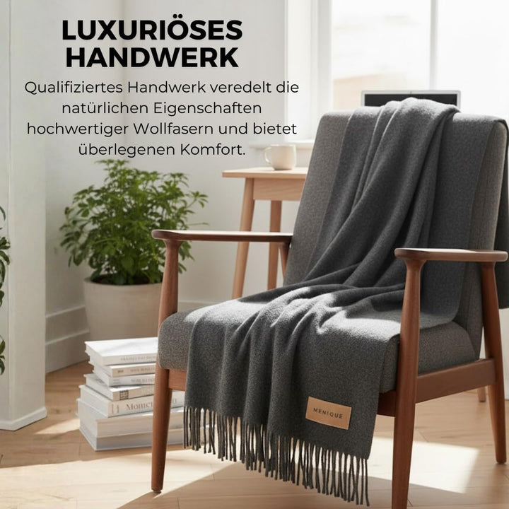 menique Milan 100% Wolldecke, Dicke Weiche Kuscheldecke Fransen Dunkelgrau | Warme Sofa- und Couchde