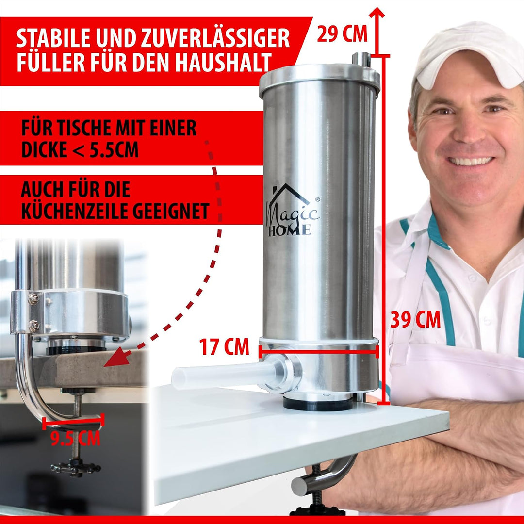MAGIC HOME Wurstfüller aus Edelstahl | 2l / 3kg | Manuell, Vertikale | Hochwertige Wurstfüllmaschine