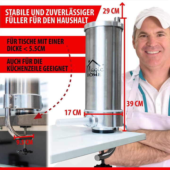 MAGIC HOME Wurstfüller aus Edelstahl | 2l / 3kg | Manuell, Vertikale | Hochwertige Wurstfüllmaschine