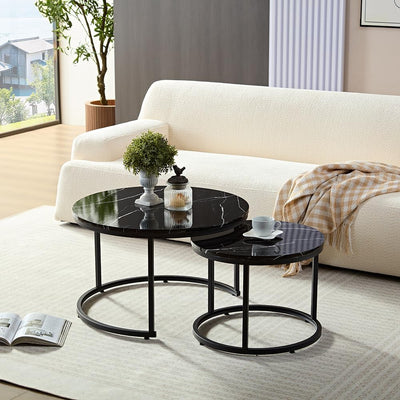 HeyHeaven® Couchtisch Rund Schwarz Marmor 2er Set – Runder Couch Tisch in Marmor Optik mit schwarz M