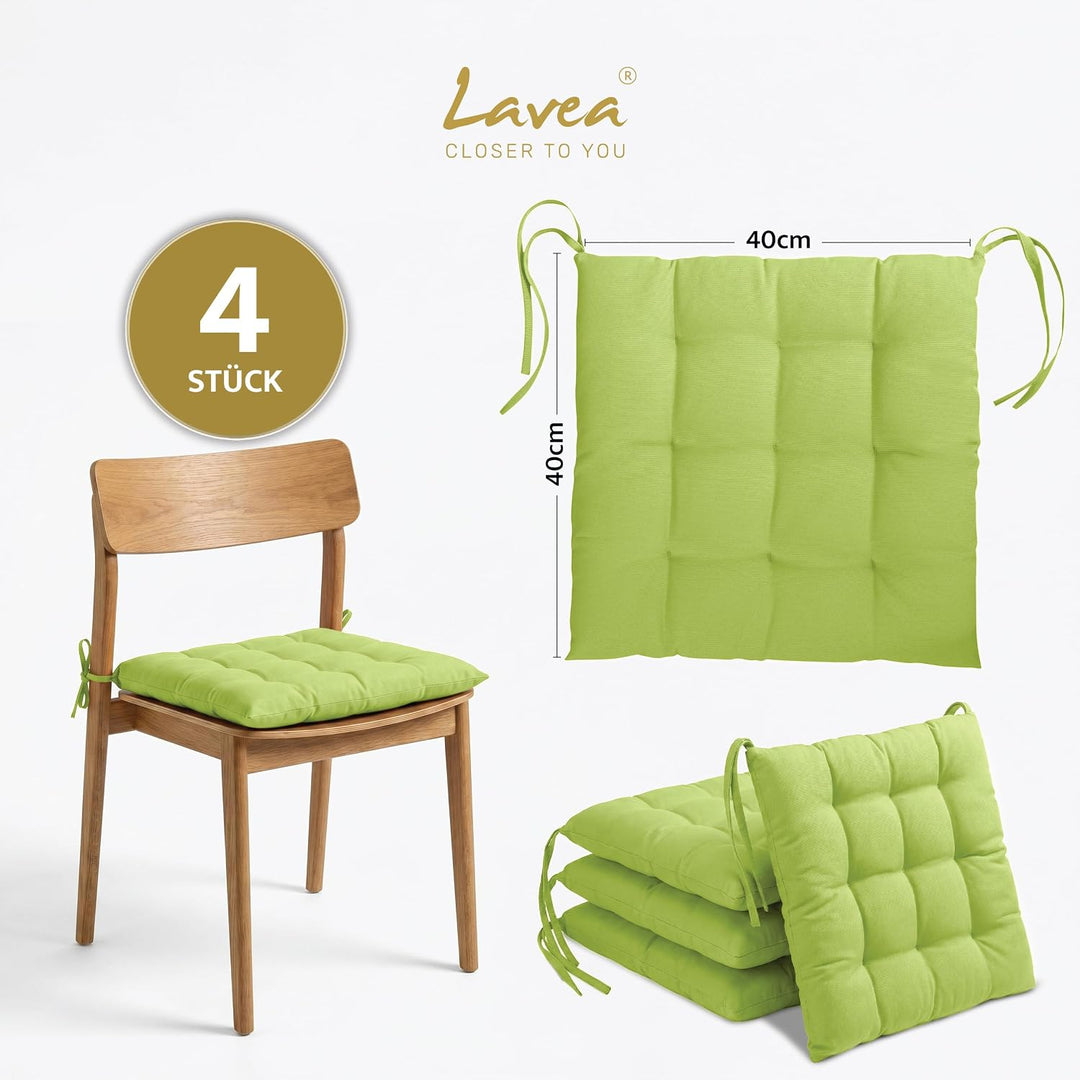 Lavea® Sitzkissen 40x40 cm Lindgrün – 4er Set – mit Stoffbändern, Outdoor &amp; Indoor geeignet – Bequem