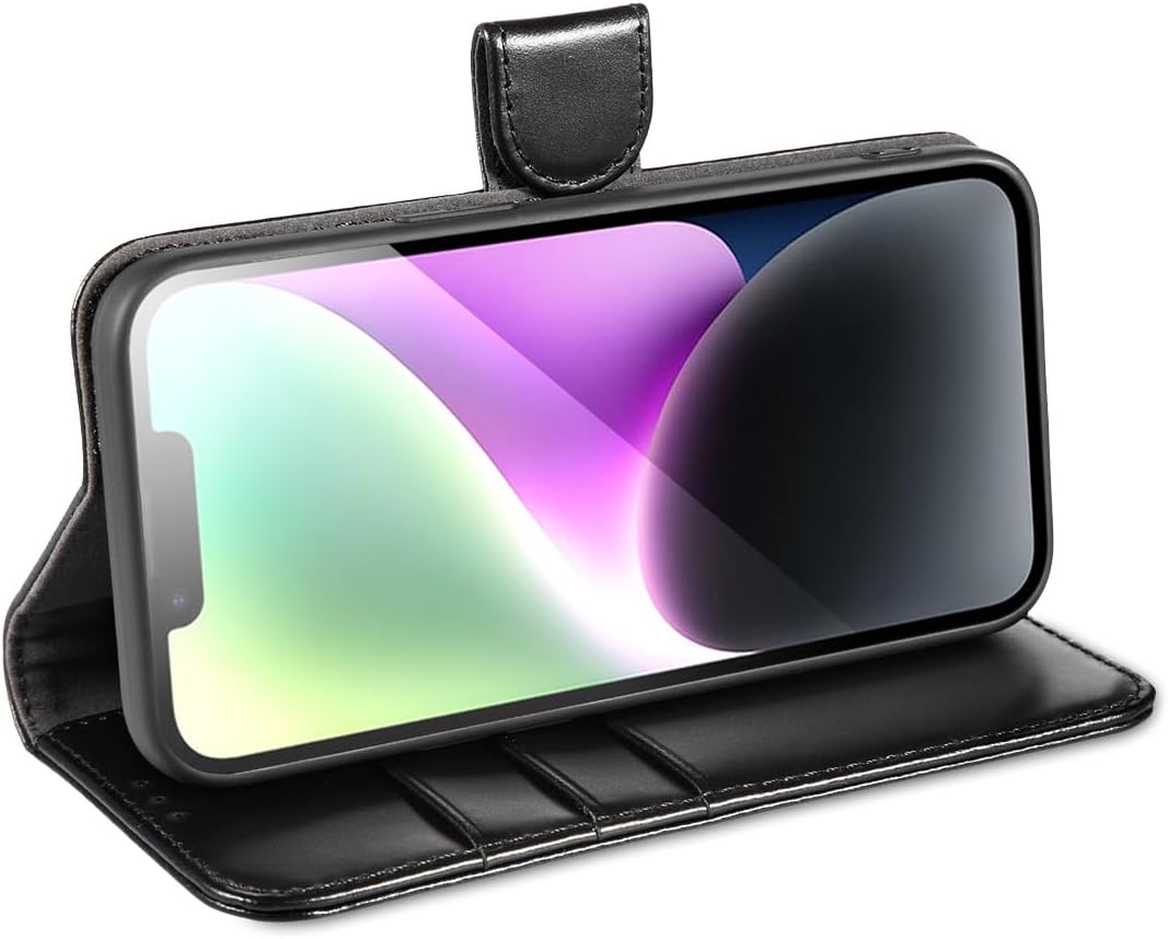 LENSUN Echtleder Hülle für iPhone 14, Bookstyle Handytasche - Glatt Schwarz | Handyhülle Echtes Lede