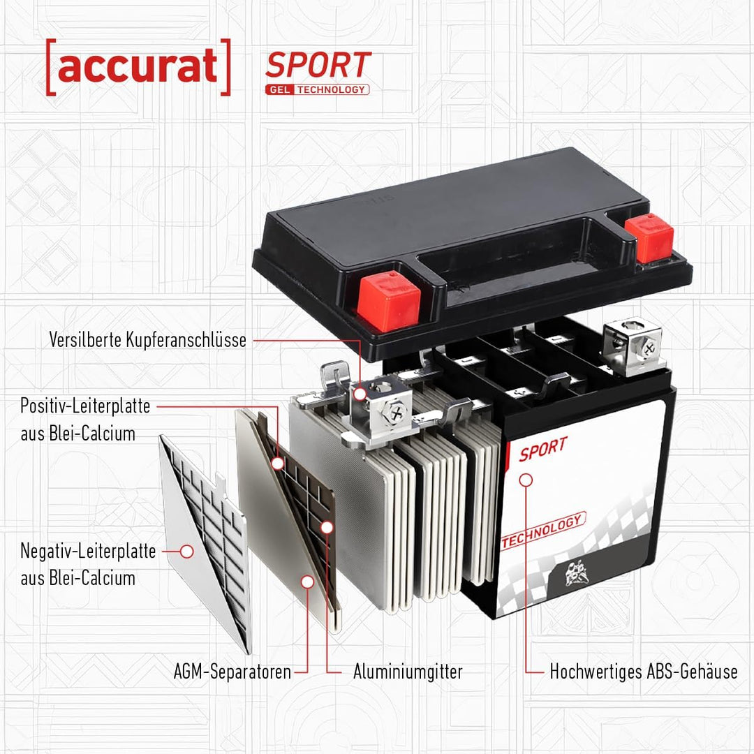 Accurat Motorradbatterie YTX4L-BS - 12V, 5Ah, 55A, zyklenfest, wartungsfrei, Gel - Starterbatterie,
