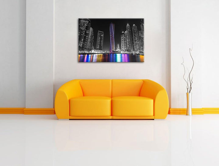 Skyline von Dubai bei Nacht schwarz/weiss Format: 100x70 auf Leinwand, XXL riesige Bilder fertig ger