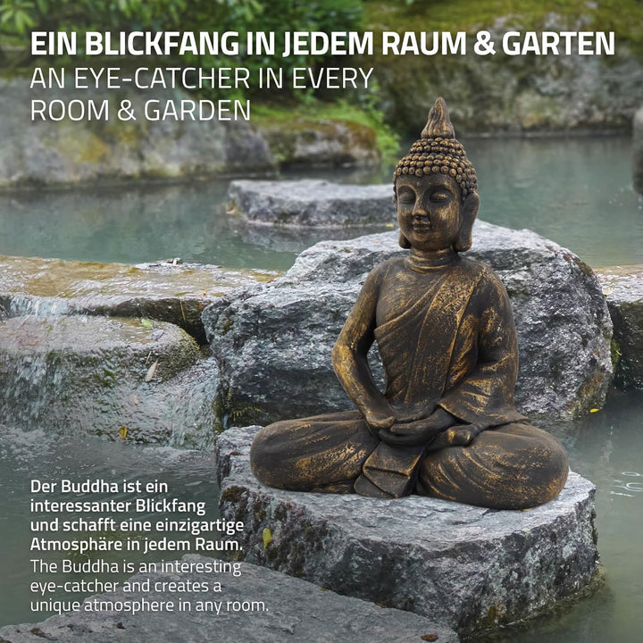 ECD Germany Buddha Figur sitzend, 48cm hoch, aus wetterfestem Polyresin, Bronze, Feng Shui, Buddha S