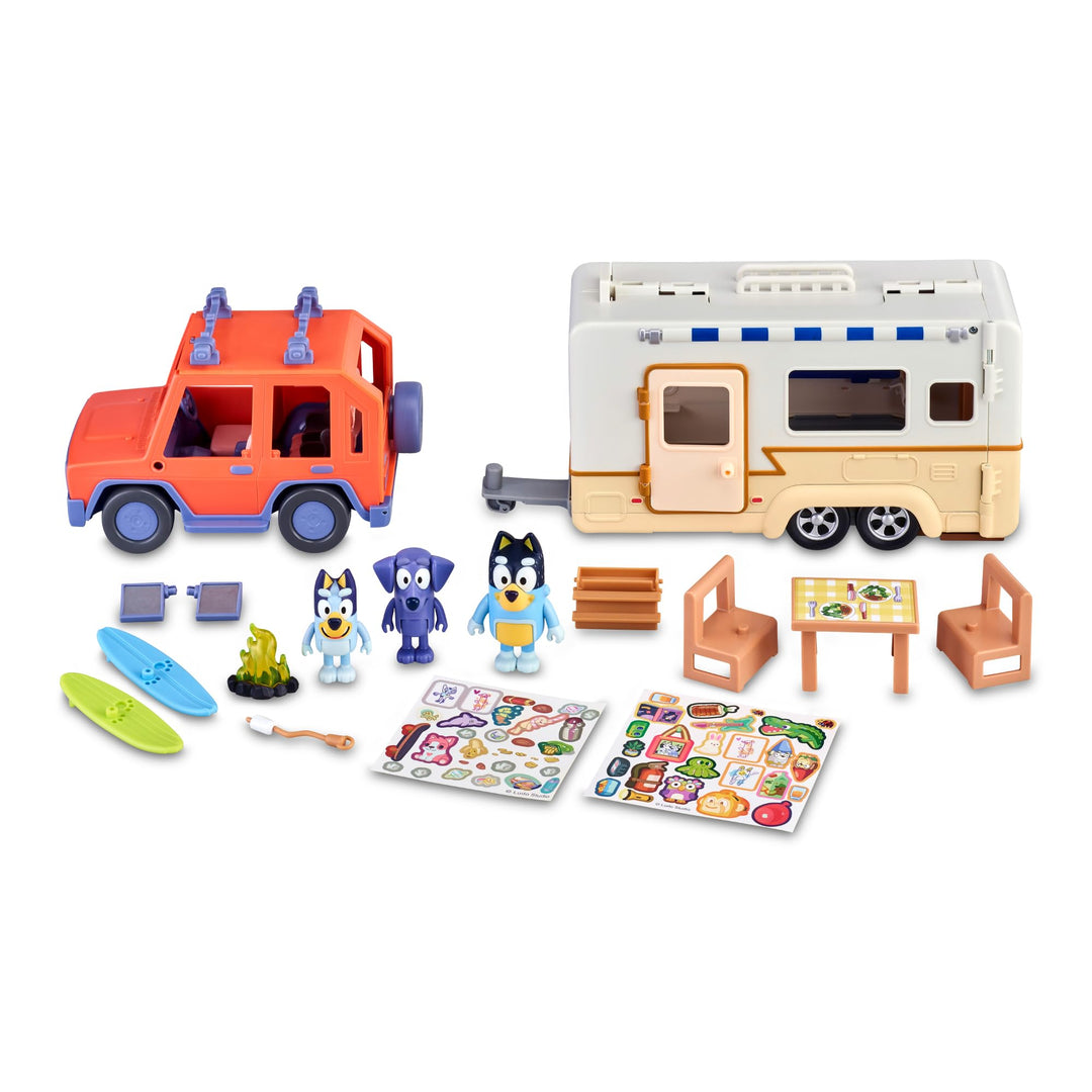 Bluey - Set Family Cruiser + Campervan, Playset für Familienautos, mit 3 Figuren, 10 Accessoires und